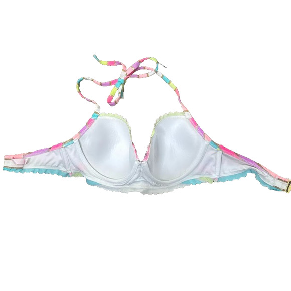 Victoria Secret Halter Bikini Swim Top 34D Striped Underwire Padded Rainbow - Picture 6 of 10